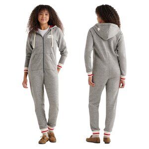 Roots Women’s Cabin Onesie Grey Oat Pepper Size M Zip Front Hooded Jumpsuit Cozy